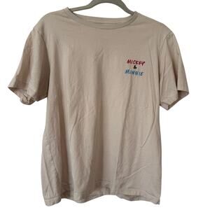 RARE Uniqlo Yu Nagaba Disney Mickey Minnie Beige Short Sleeve Crewneck Shirt-L
